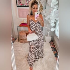 NWT Buddy Love Athena Leopard Cheetah Print Tie Shoulder Maxi Dress, Brown XS